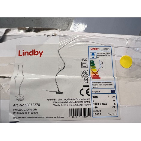 Lindby - Светодиодный RGB-торшер с регулированием яркости CRIOSTAL LED/9W/230V + дистанционное управление