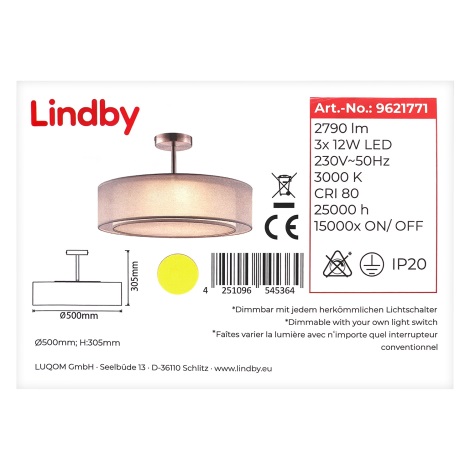 Lindby - Світлодіодна люстра на штанзі з регулюванням яскравості PIKKA 3xLED/12W/230V