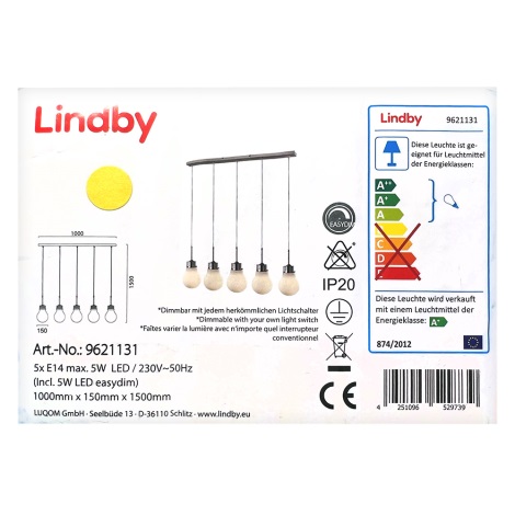Lindby - Світлодіодна підвісна люстра з регулюванням яскравості BADO 5xLED/5W/230V