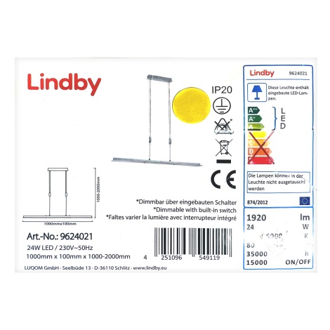 Lindby - Світлодіодна підвісна люстра з регулюванням яскравості SLADJA LED/24W/230V