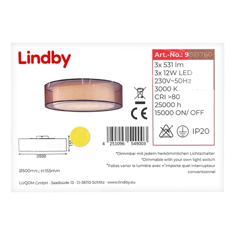 Lindby - Світлодіодний стельовий світильник з регулюванням яскравості AMON 3xLED/12W/230V