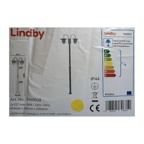 Lindby - Уличная лампа MIAN 2xE27/60W/230V IP44