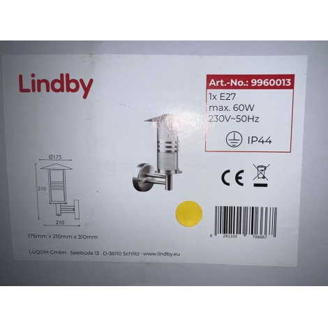 Lindby - Вуличний настінний світильник ERINA 1xE27/60W/230V IP44