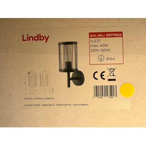 Lindby - Вуличний настінний світильник YONAN 1xE27/40W/230V IP44
