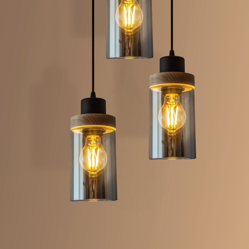 Люстра на шнуре WOODNEST 3xE27/15W/230V сосна/дымчато-чёрный