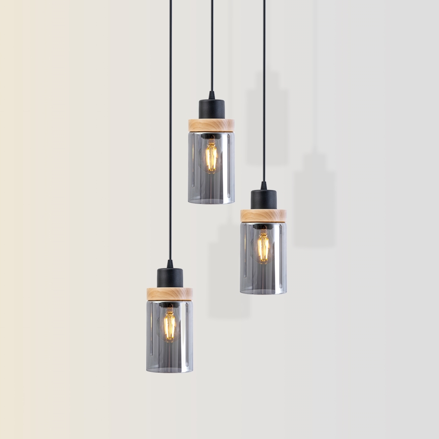 Люстра на шнуре WOODNEST 3xE27/15W/230V сосна/дымчато-чёрный