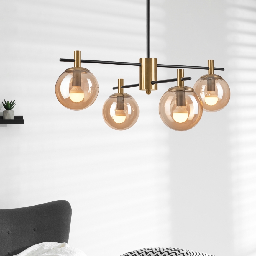 Люстра на штанге LILOU 4xE14/5W/230V золотистый/черный/дымчатый бежевый