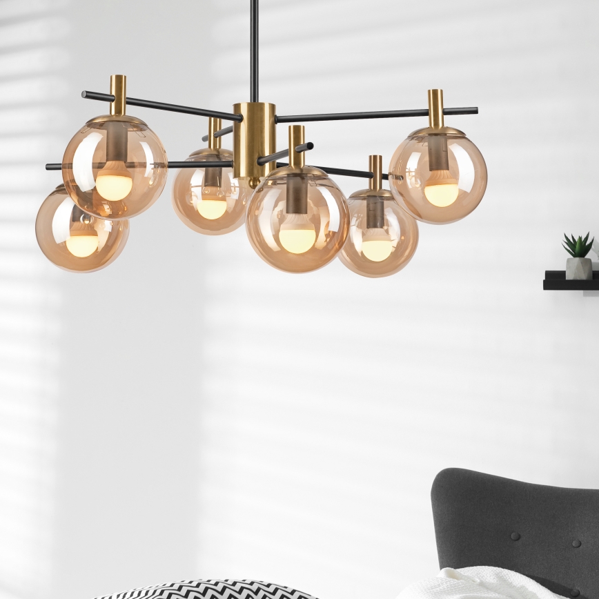 Люстра на штанге LILOU 6xE14/5W/230V золотистый/черный/дымчатый бежевый