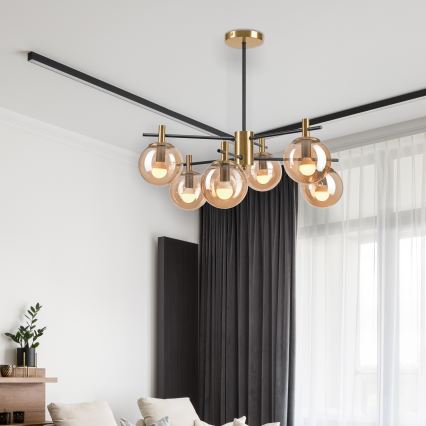 Люстра на штанге LILOU 6xE14/5W/230V золотистый/черный/дымчатый бежевый