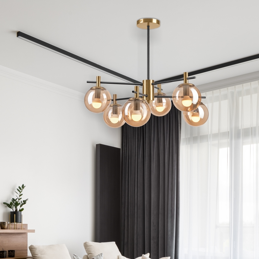 Люстра на штанге LILOU 6xE14/5W/230V золотистый/черный/дымчатый бежевый