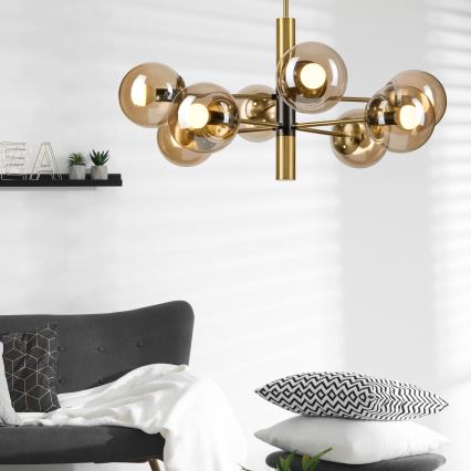 Люстра на штанге ROLLO 8xE14/5W/230V золотистый/дымчатый бежевый