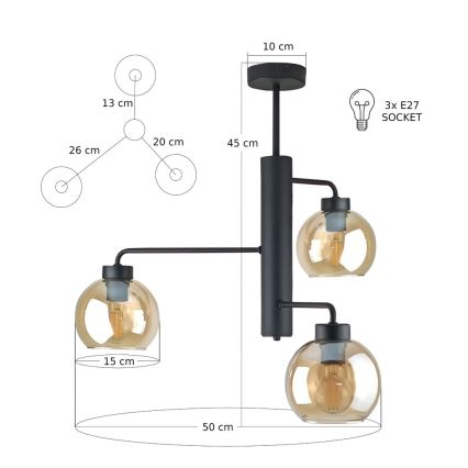 Люстра на штанзі FLEX 3xE27/60W/230V чорний/димчастий бежевий