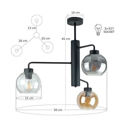 Люстра на штанзі FLEX 3xE27/60W/230V чорний/димчастий чорний/димчастий бежевий/прозорий