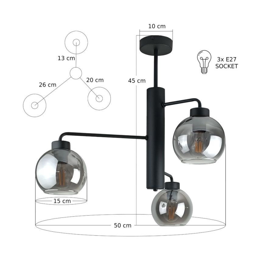 Люстра на штанзі FLEX 3xE27/60W/230V чорний/димчастий чорний