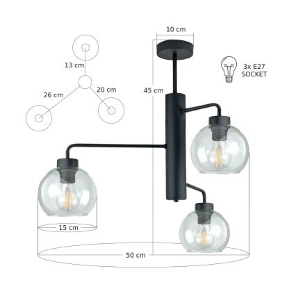 Люстра на штанзі FLEX 3xE27/60W/230V чорний/прозорий