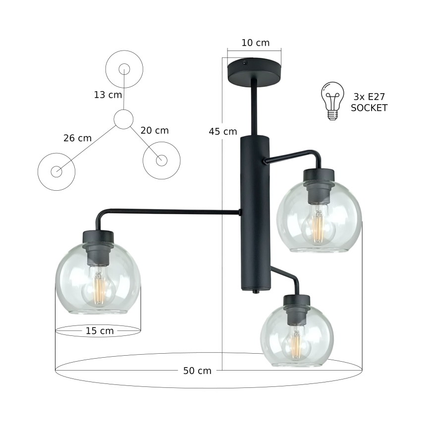 Люстра на штанзі FLEX 3xE27/60W/230V чорний/прозорий