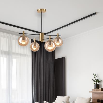 Люстра на штанзі LILOU 4xE14/5W/230V золотий/чорний/димчастий бежевий
