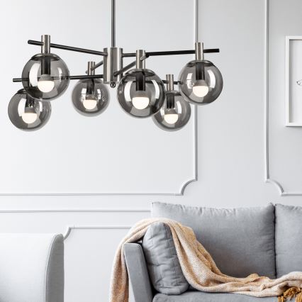 Люстра на штанзі LILOU 6xE14/5W/230V матовий хром/димчастий