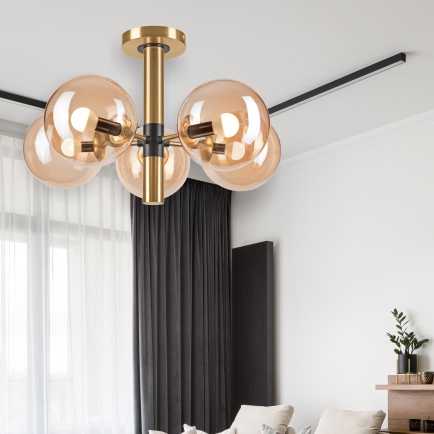 Люстра на штанзі ROLLO 5xE14/5W/230V золотий/димчастий бежевий