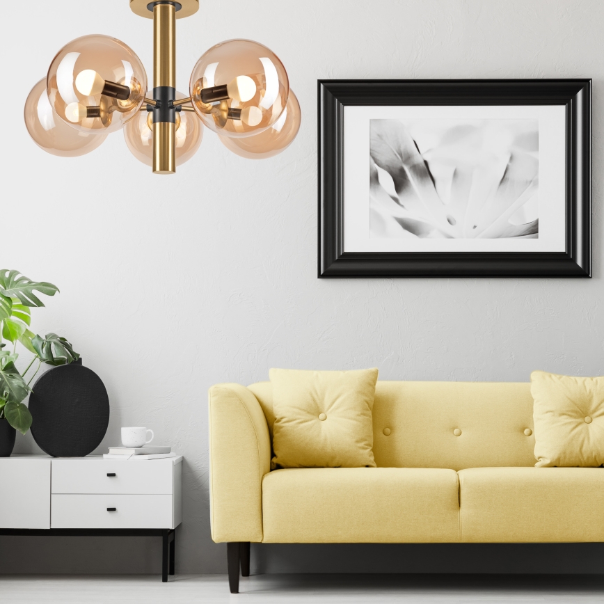 Люстра на штанзі ROLLO 5xE14/5W/230V золотий/димчастий бежевий