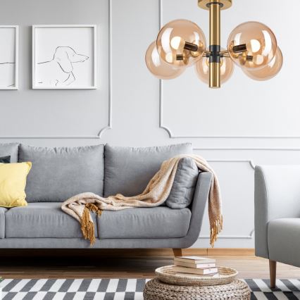 Люстра на штанзі ROLLO 5xE14/5W/230V золотий/димчастий бежевий