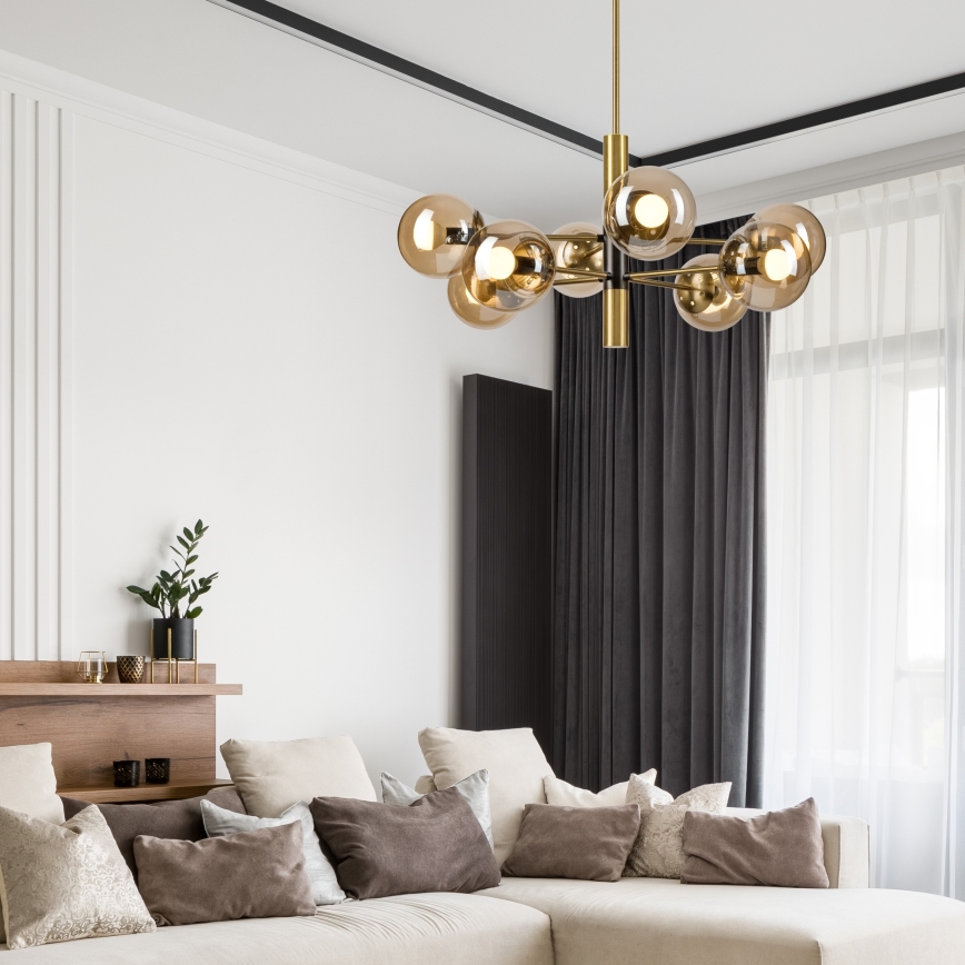 Люстра на штанзі ROLLO 8xE14/5W/230V золотий/димчастий бежевий