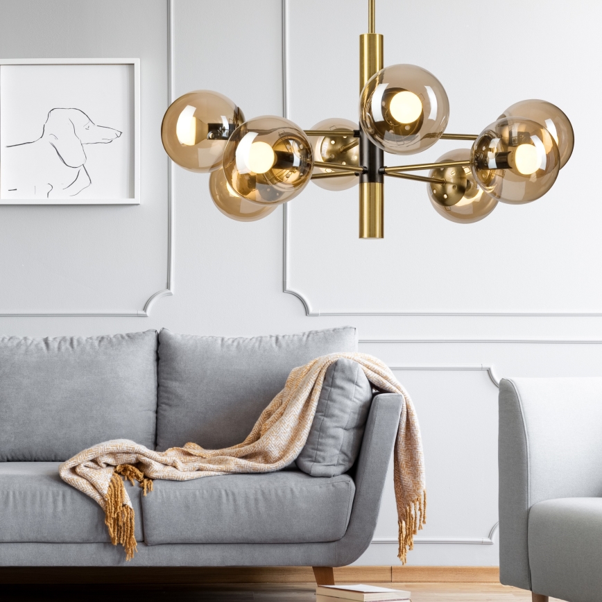 Люстра на штанзі ROLLO 8xE14/5W/230V золотий/димчастий бежевий