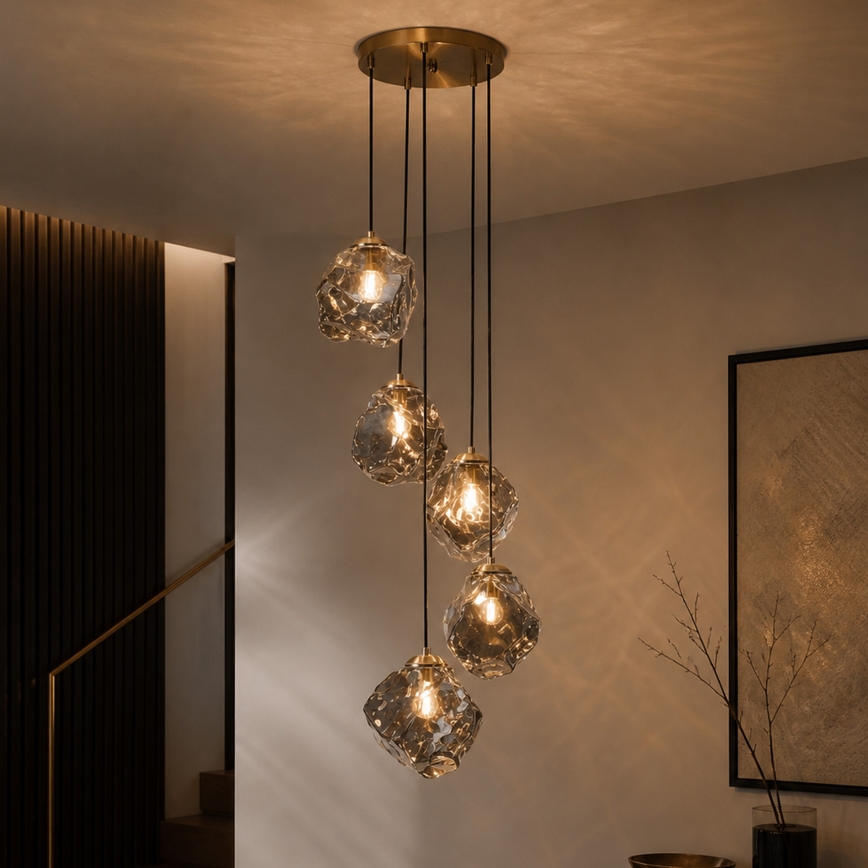 Люстра на тросі CRISTAL 5xE14/15W/230V латунь/димчасто-чорний