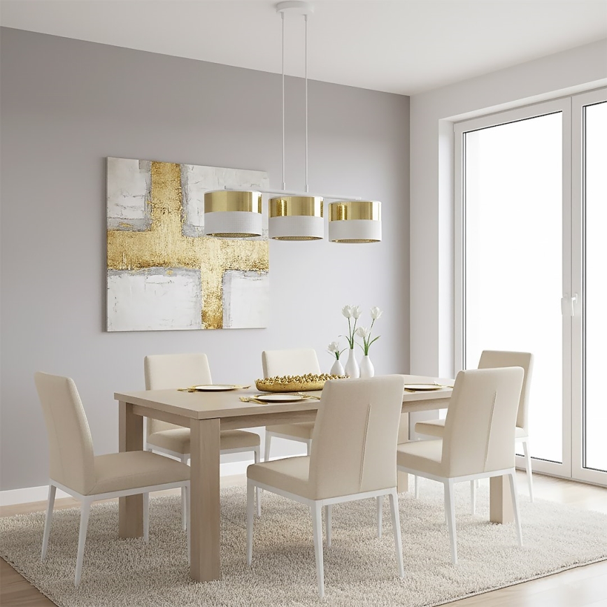 Люстра на тросі LUX, 3× E27, 15 Вт (кожна), 230 В, біла/золота