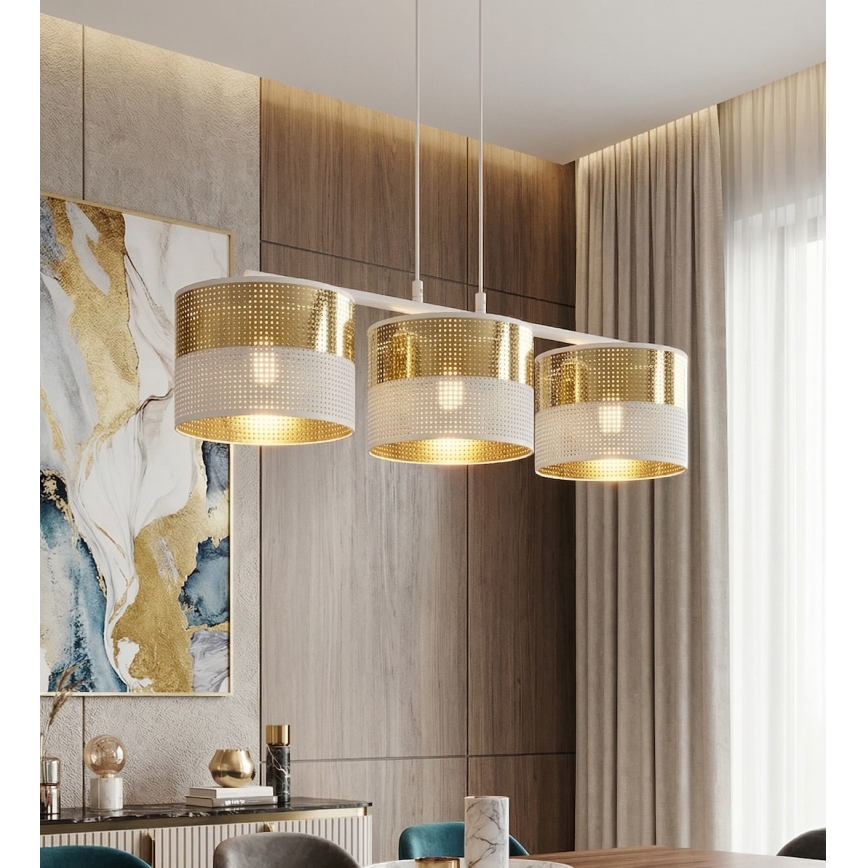 Люстра на тросі LUX, 3× E27, 15 Вт (кожна), 230 В, біла/золота