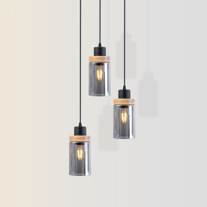 Люстра на тросі WOODNEST 3xE27/15W/230V сосна/димчасто-чорна