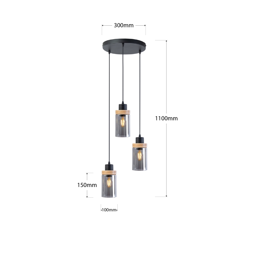 Люстра на тросі WOODNEST 3xE27/15W/230V сосна/димчасто-чорна