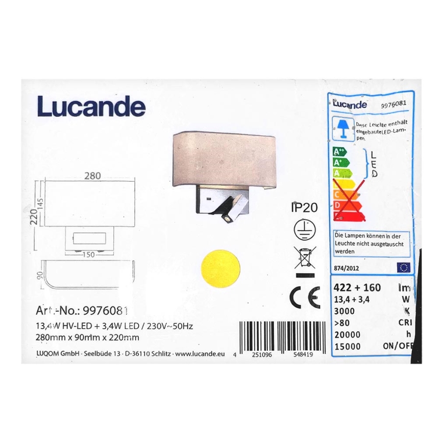 Lucande - Світлодіодна настінна лампа VIRVE 1XLED/13,4W/230V + 1xLED/3,4W/230V