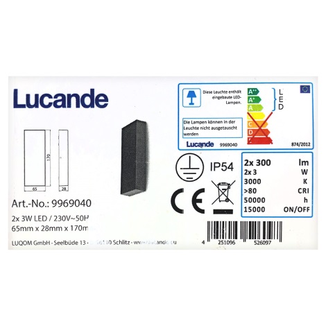 Lucande - Вуличний світлодіодний настінний світильник CORDA 2xLED/3W/230V IP54