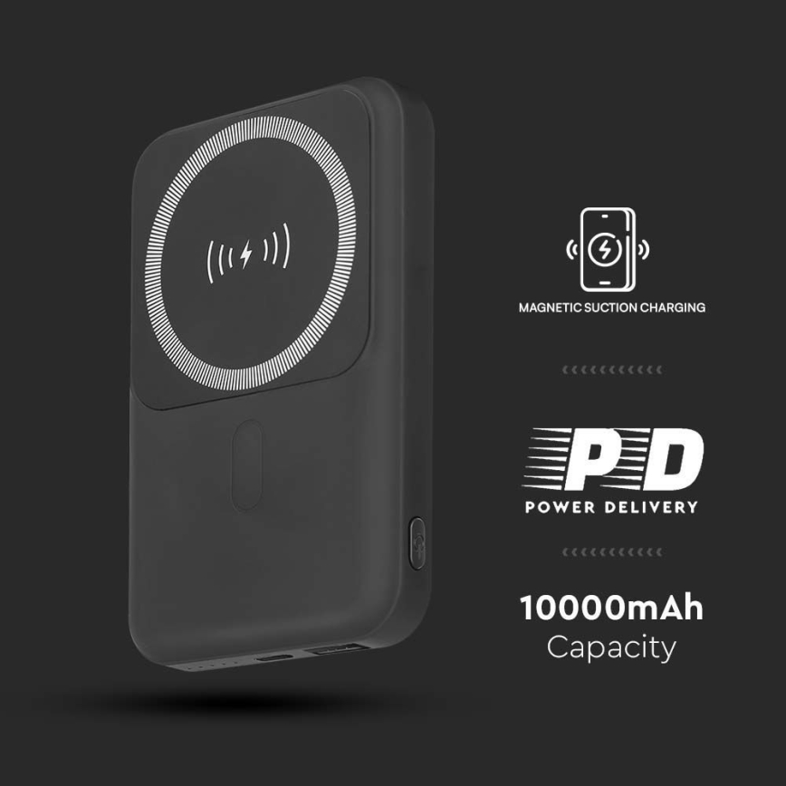 Магнітний Power Bank з бездротовою зарядкою Power Delivery 10 000mAh/20W/3,7V чорний
