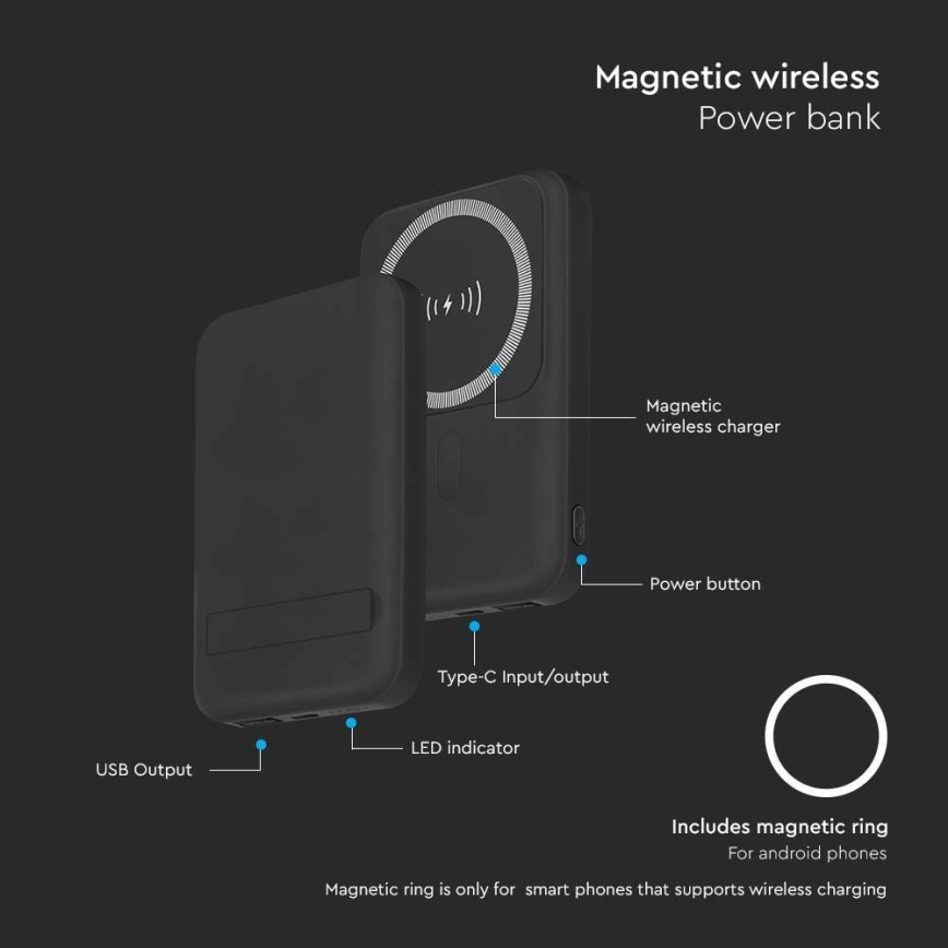 Магнітний Power Bank з бездротовою зарядкою Power Delivery 10 000mAh/20W/3,7V чорний