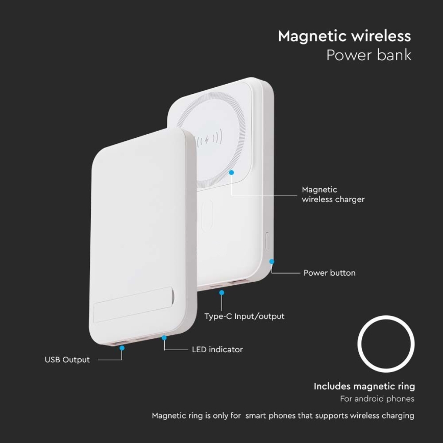 Магнитный повербанк с беспроводной зарядкой Power Delivery 10 000mAh/20W/3,7V белый