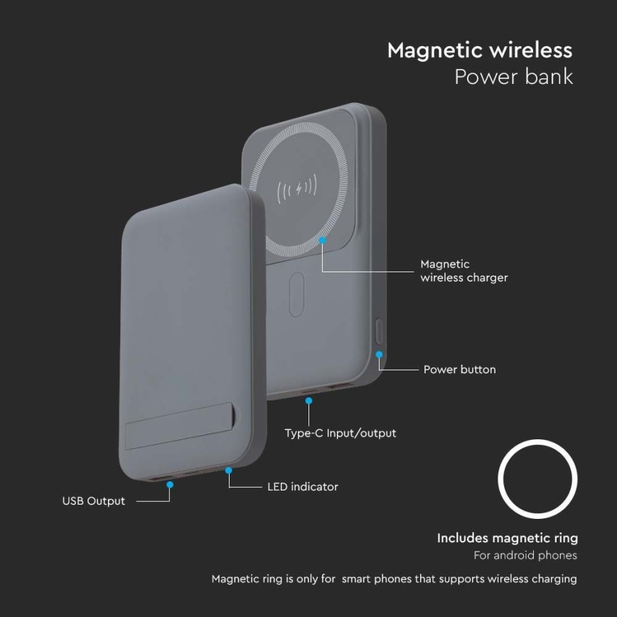Магнитный повербанк с беспроводной зарядкой Power Delivery 10 000mAh/20W/3,7V серый