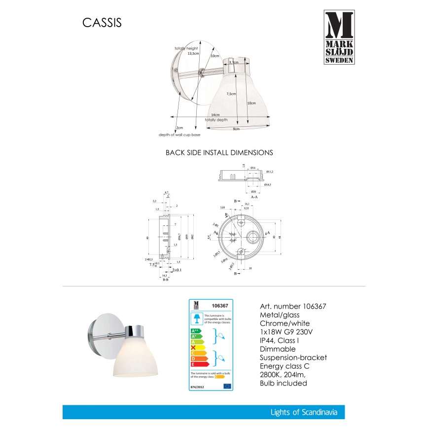 Markslöjd 106367 - Настінний світильник для ванної кімнати CASSIS 1xG9/18W/230V IP44