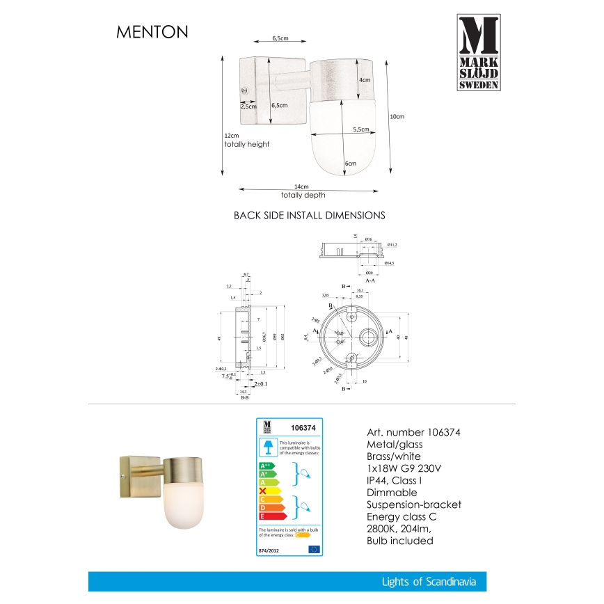 Markslöjd 106374 - Настінний світильник для ванної MENTON 1xG9/18W/230V IP44