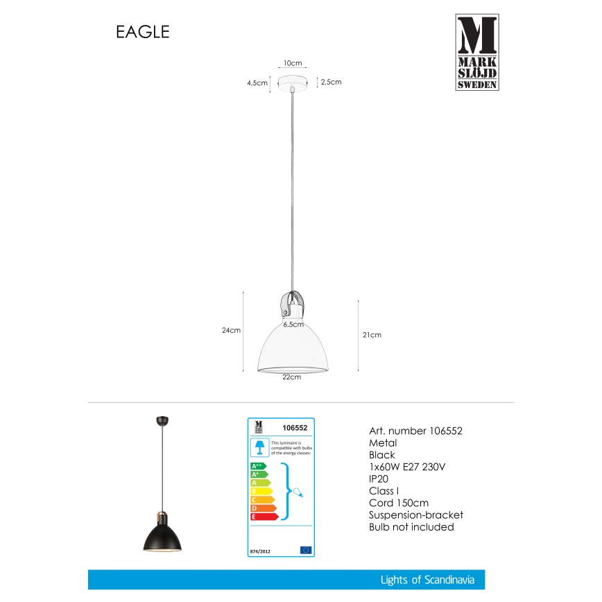 Markslöjd 106552 - Підвісна люстра EAGLE 1xE27/60W/230V чорний