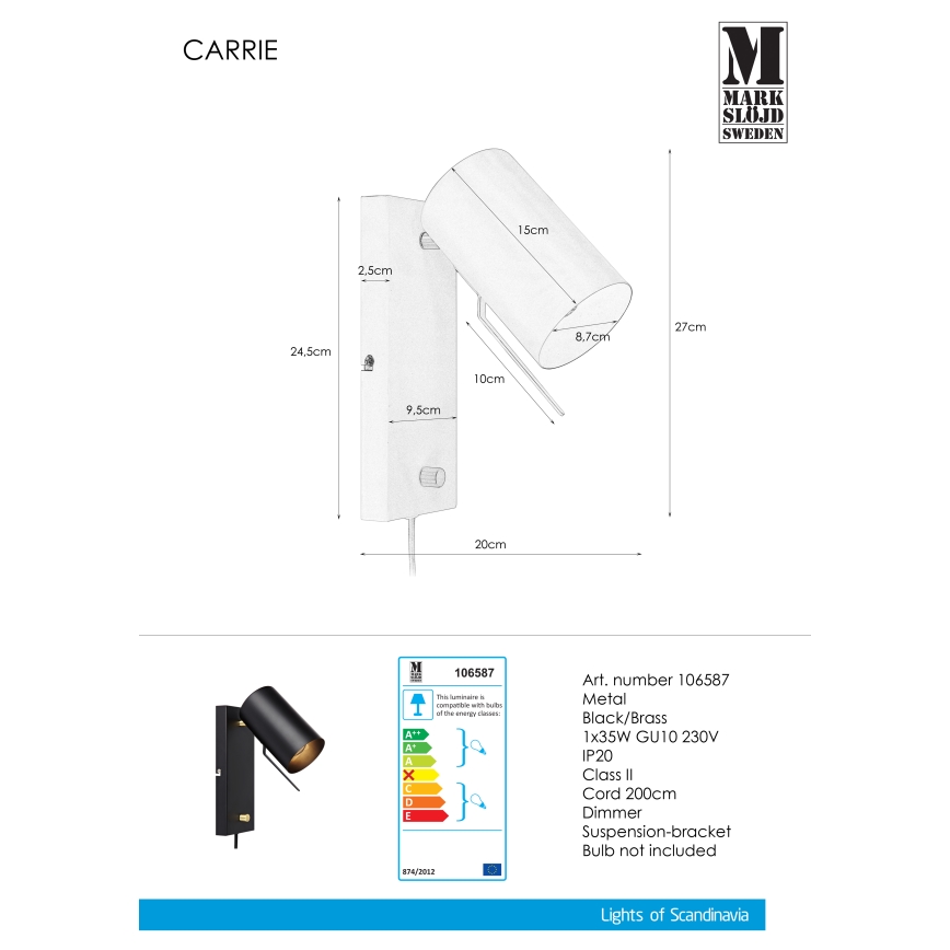 Markslöjd 106587 - Настенный диммируемый светильник CARRIE 1xGU10/35W/230V черный 