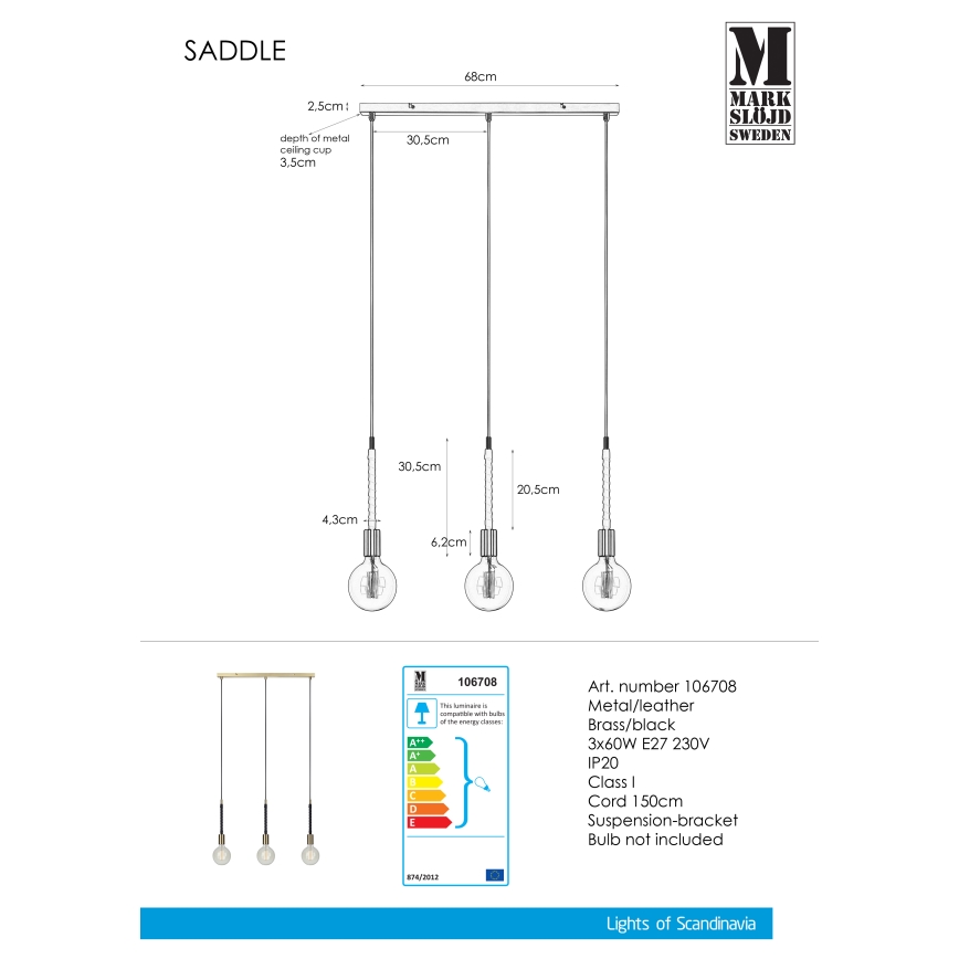Markslöjd 106708 - Підвісна люстра SEDLO 3xE27/60W/230V