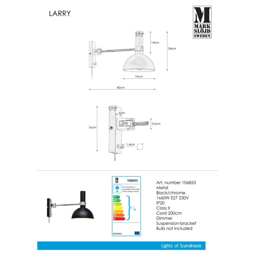 Markslöjd 106970 - Настенный диммируемый светильник LARRY 1xE27/60W/230V