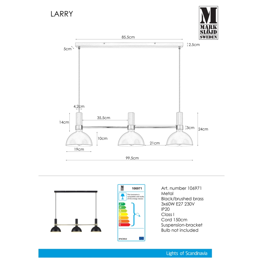 Markslöjd 106971 - Люстра на мотузці LARRY 3xE27/60W/230V чорна/золота