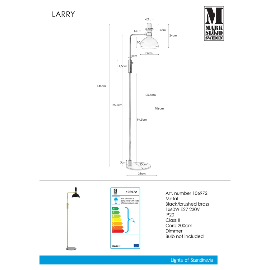 Markslöjd 106972 - Торшер з регульованою яскравістю LARRY 1xE27/60W/230V чорний/золотий