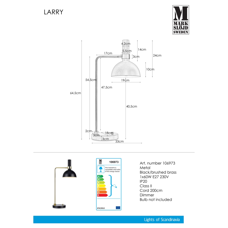 Markslöjd 106973 - Настольная диммируемая лампа LARRY 1xE27/60W/230V черная/золотистая