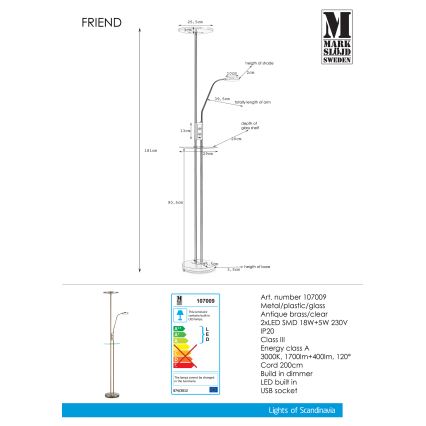 Markslöjd 107009 - Светодиодный торшер с регулированием яркости FRIEND LED/18W/230V + LED/5W