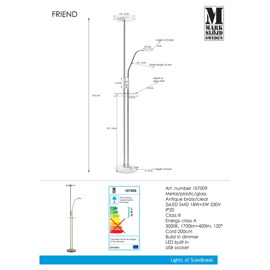 Markslöjd 107009 - Светодиодный торшер с регулированием яркости FRIEND LED/18W/230V + LED/5W