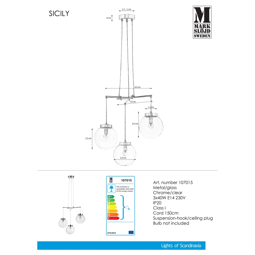 Markslöjd 107015 - Підвісна люстра SICILY 3xE14/40W/230V